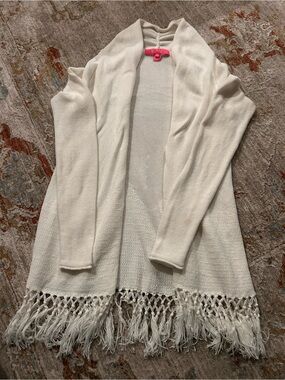 Lilly Pulitzer Cream Open-Front Fringe-Hem Cardigan size XS like new